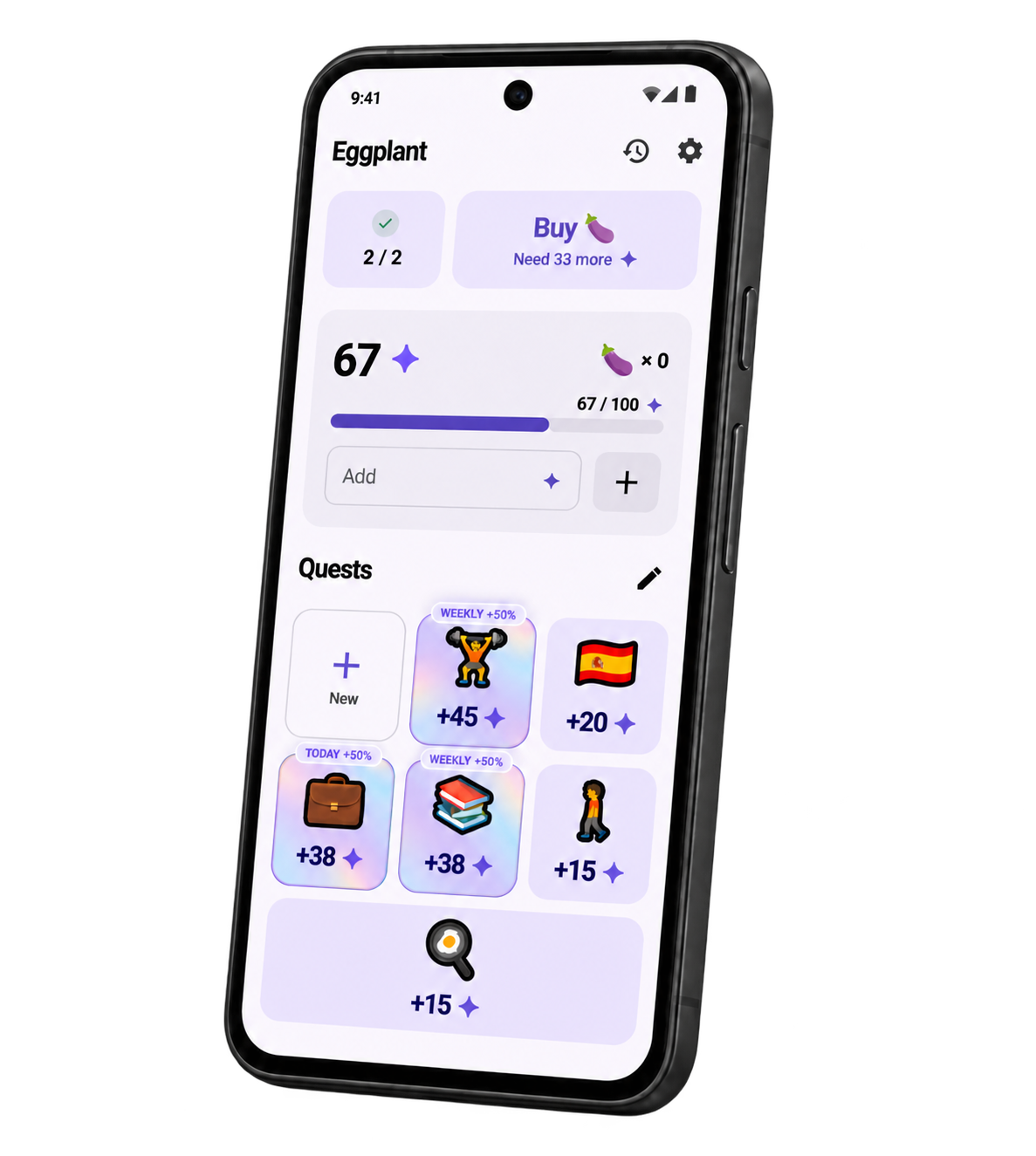Eggplant's quest dashboard on a phone, with points and progress for exercise, learning, work, reading, walking, and cooking